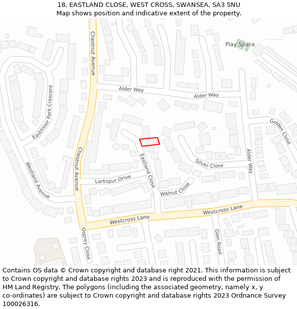 18, EASTLAND CLOSE, WEST CROSS, SWANSEA, SA3 5NU: Location map and indicative extent of plot