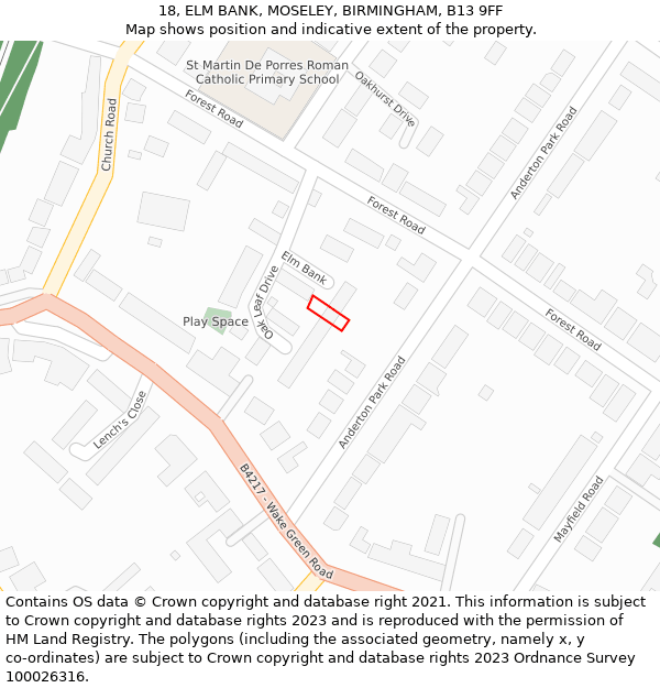 18, ELM BANK, MOSELEY, BIRMINGHAM, B13 9FF: Location map and indicative extent of plot