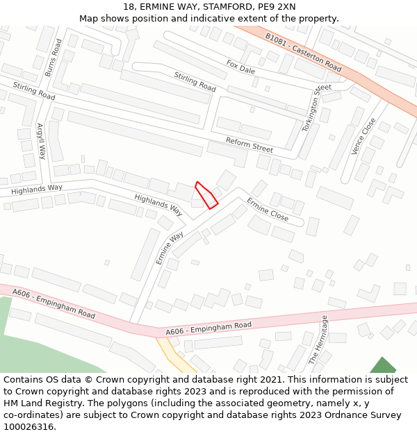 18, ERMINE WAY, STAMFORD, PE9 2XN: Location map and indicative extent of plot