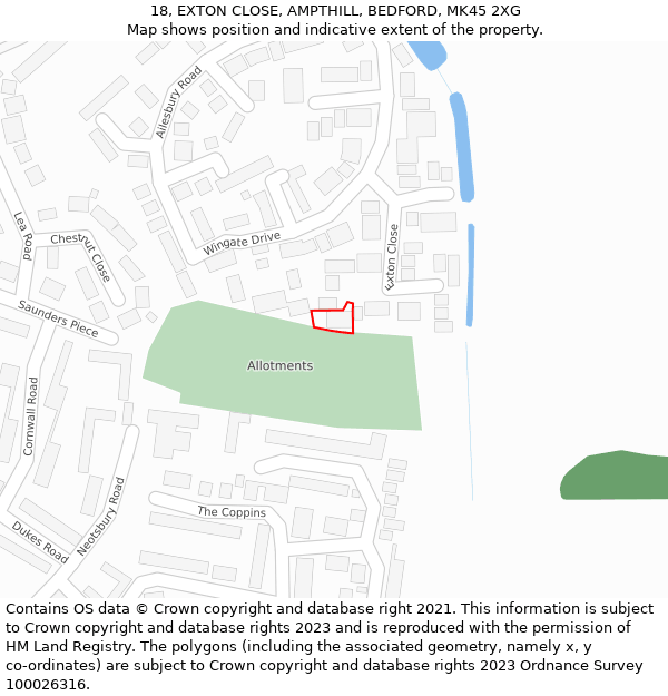 18, EXTON CLOSE, AMPTHILL, BEDFORD, MK45 2XG: Location map and indicative extent of plot