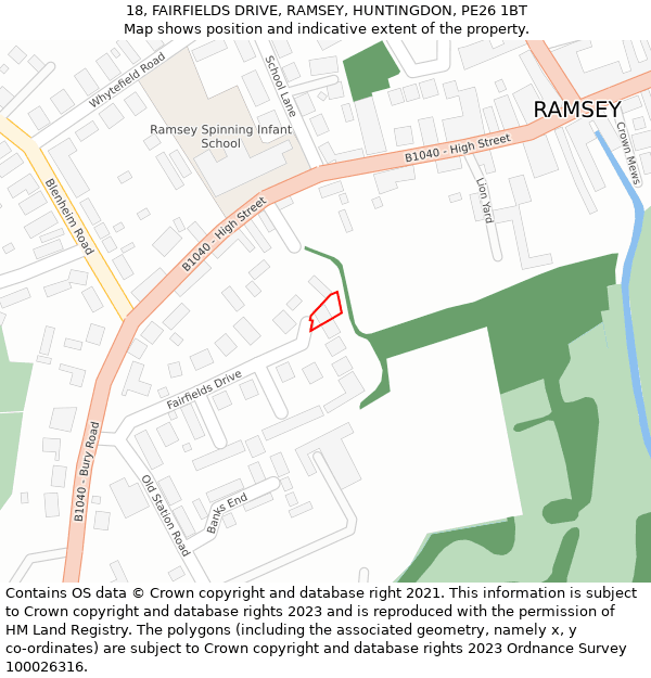 18, FAIRFIELDS DRIVE, RAMSEY, HUNTINGDON, PE26 1BT: Location map and indicative extent of plot