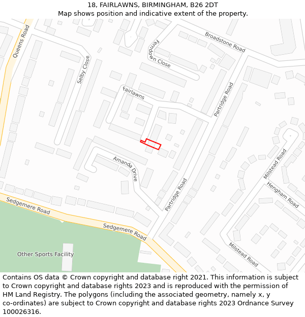 18, FAIRLAWNS, BIRMINGHAM, B26 2DT: Location map and indicative extent of plot