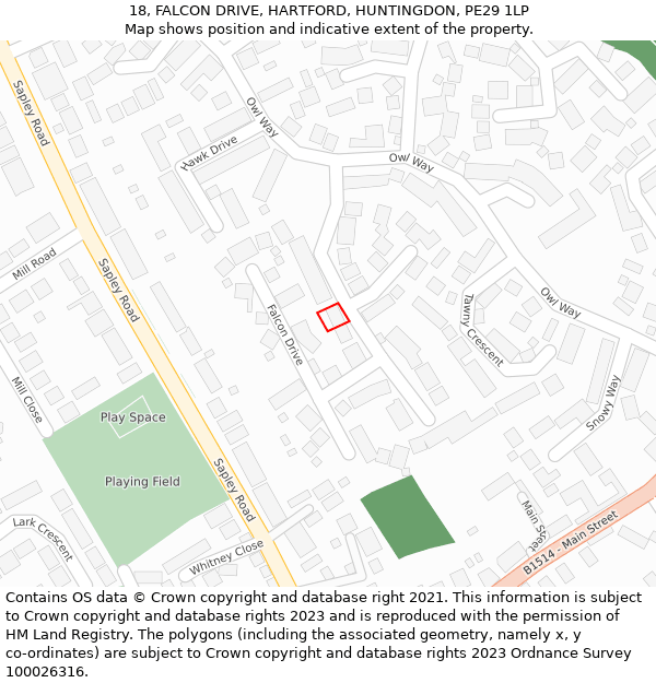 18, FALCON DRIVE, HARTFORD, HUNTINGDON, PE29 1LP: Location map and indicative extent of plot