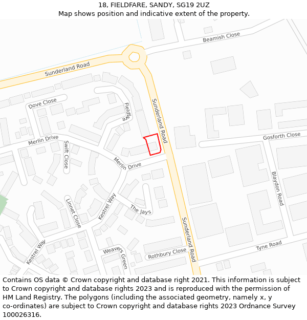18, FIELDFARE, SANDY, SG19 2UZ: Location map and indicative extent of plot