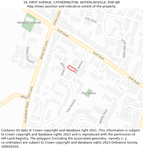 18, FIRST AVENUE, CATHERINGTON, WATERLOOVILLE, PO8 0JR: Location map and indicative extent of plot