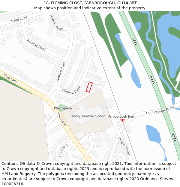 18, FLEMING CLOSE, FARNBOROUGH, GU14 8BT: Location map and indicative extent of plot