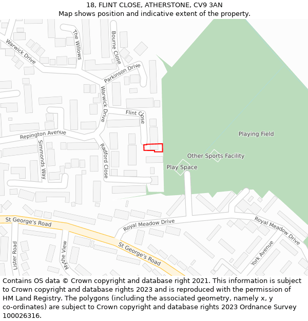 18, FLINT CLOSE, ATHERSTONE, CV9 3AN: Location map and indicative extent of plot