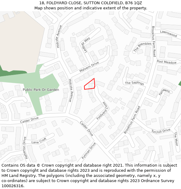 18, FOLDYARD CLOSE, SUTTON COLDFIELD, B76 1QZ: Location map and indicative extent of plot