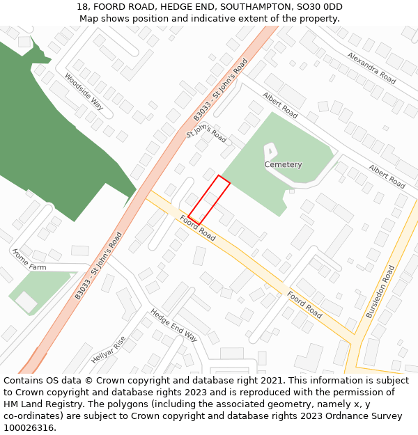 18, FOORD ROAD, HEDGE END, SOUTHAMPTON, SO30 0DD: Location map and indicative extent of plot