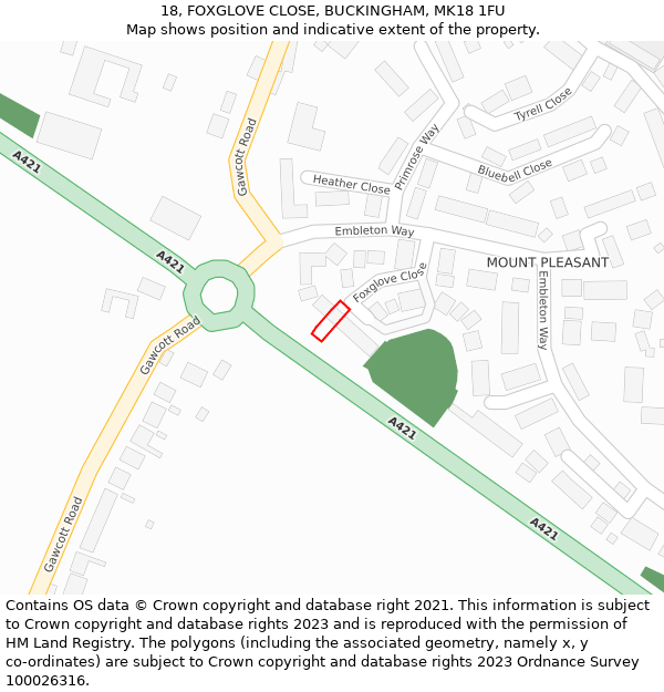 18, FOXGLOVE CLOSE, BUCKINGHAM, MK18 1FU: Location map and indicative extent of plot