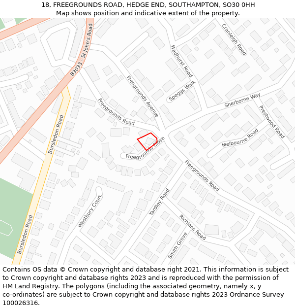 18, FREEGROUNDS ROAD, HEDGE END, SOUTHAMPTON, SO30 0HH: Location map and indicative extent of plot