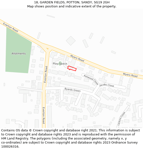 18, GARDEN FIELDS, POTTON, SANDY, SG19 2GH: Location map and indicative extent of plot