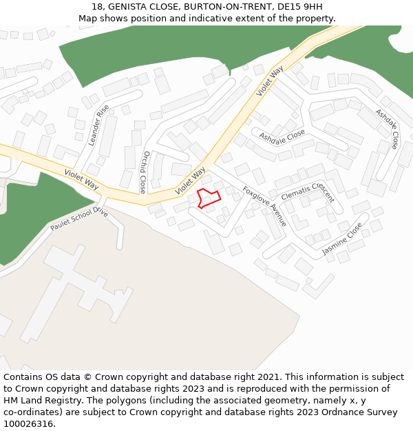18, GENISTA CLOSE, BURTON-ON-TRENT, DE15 9HH: Location map and indicative extent of plot