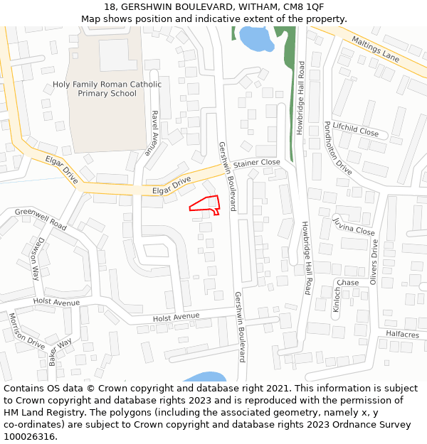 18, GERSHWIN BOULEVARD, WITHAM, CM8 1QF: Location map and indicative extent of plot