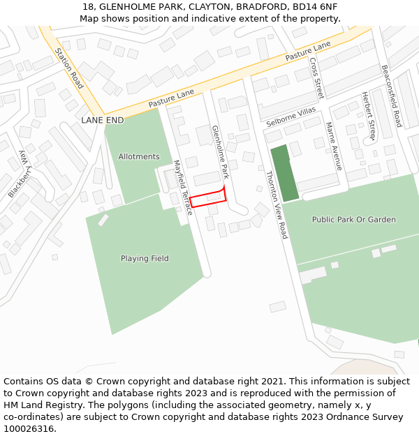 18, GLENHOLME PARK, CLAYTON, BRADFORD, BD14 6NF: Location map and indicative extent of plot