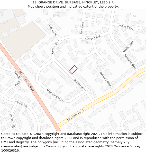 18, GRANGE DRIVE, BURBAGE, HINCKLEY, LE10 2JR: Location map and indicative extent of plot