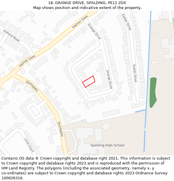 18, GRANGE DRIVE, SPALDING, PE11 2DX: Location map and indicative extent of plot