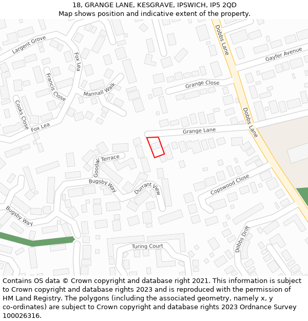 18, GRANGE LANE, KESGRAVE, IPSWICH, IP5 2QD: Location map and indicative extent of plot
