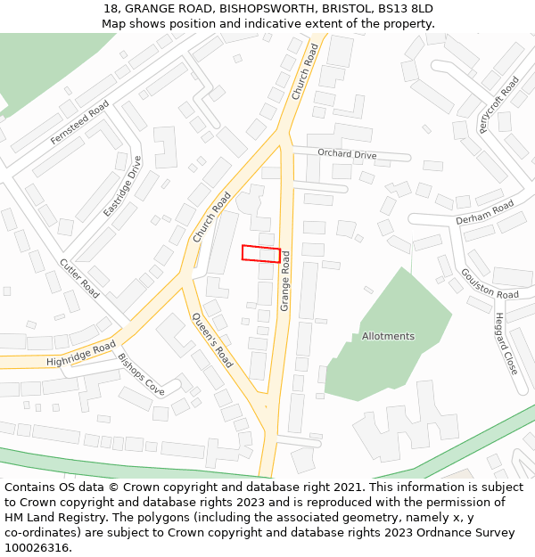 18, GRANGE ROAD, BISHOPSWORTH, BRISTOL, BS13 8LD: Location map and indicative extent of plot