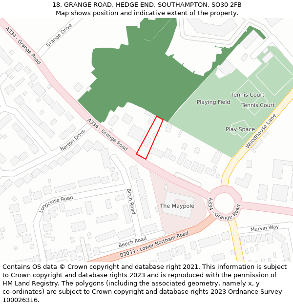 18, GRANGE ROAD, HEDGE END, SOUTHAMPTON, SO30 2FB: Location map and indicative extent of plot