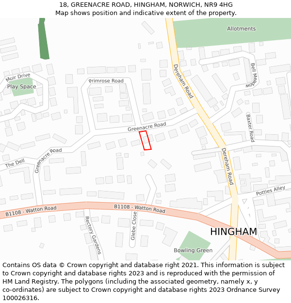 18, GREENACRE ROAD, HINGHAM, NORWICH, NR9 4HG: Location map and indicative extent of plot