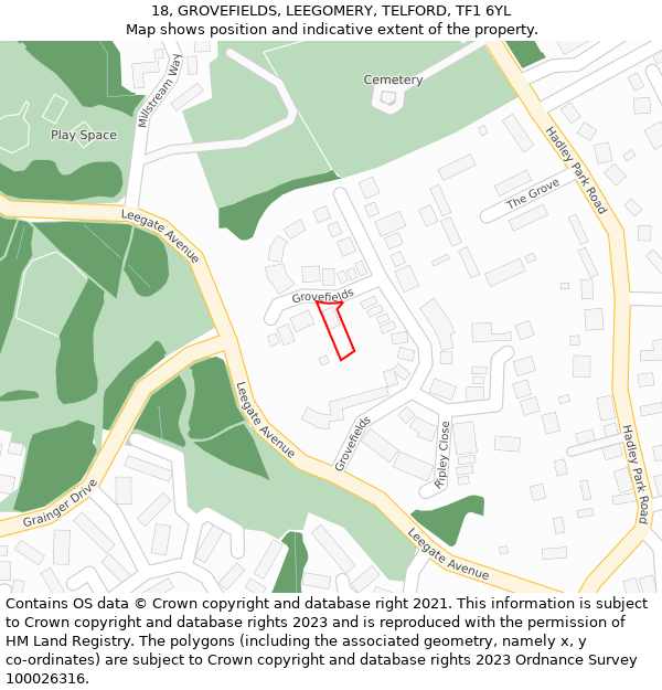 18, GROVEFIELDS, LEEGOMERY, TELFORD, TF1 6YL: Location map and indicative extent of plot