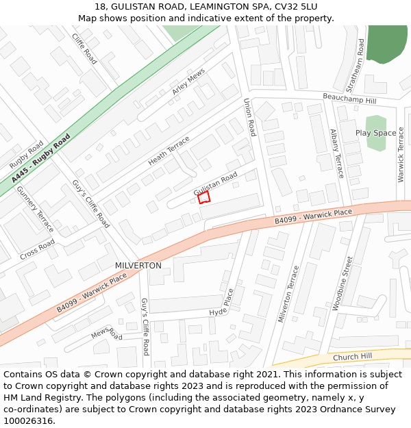 18, GULISTAN ROAD, LEAMINGTON SPA, CV32 5LU: Location map and indicative extent of plot