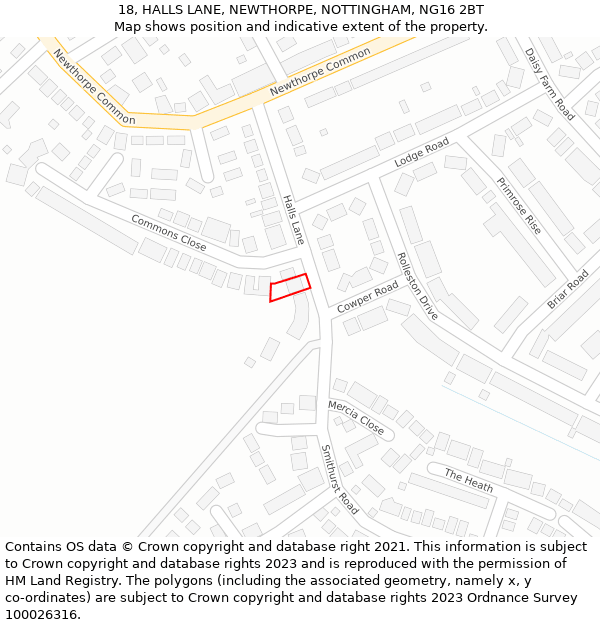 18, HALLS LANE, NEWTHORPE, NOTTINGHAM, NG16 2BT: Location map and indicative extent of plot