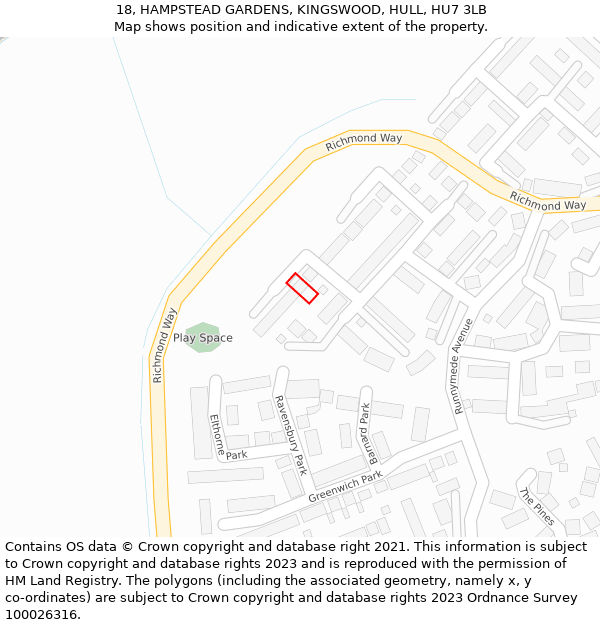 18, HAMPSTEAD GARDENS, KINGSWOOD, HULL, HU7 3LB: Location map and indicative extent of plot