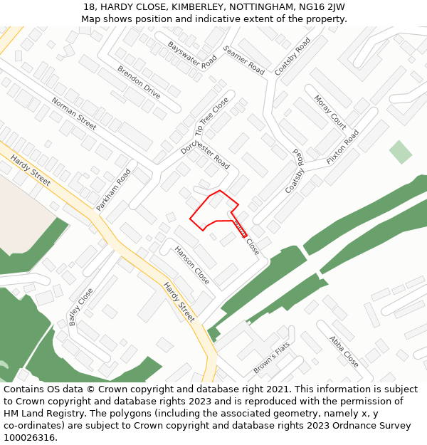 18, HARDY CLOSE, KIMBERLEY, NOTTINGHAM, NG16 2JW: Location map and indicative extent of plot