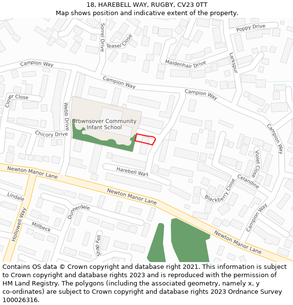 18, HAREBELL WAY, RUGBY, CV23 0TT: Location map and indicative extent of plot