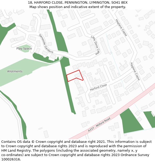 18, HARFORD CLOSE, PENNINGTON, LYMINGTON, SO41 8EX: Location map and indicative extent of plot