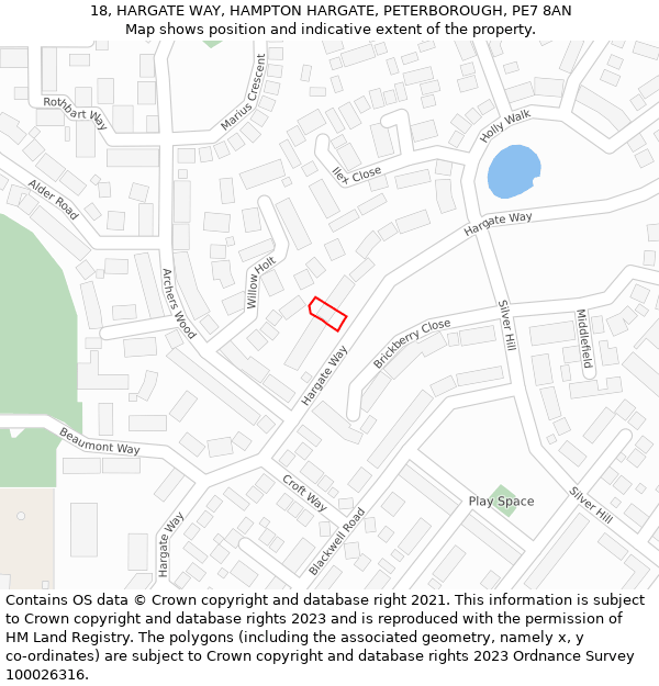 18, HARGATE WAY, HAMPTON HARGATE, PETERBOROUGH, PE7 8AN: Location map and indicative extent of plot