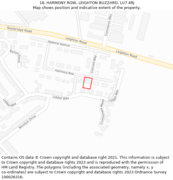 18, HARMONY ROW, LEIGHTON BUZZARD, LU7 4RJ: Location map and indicative extent of plot