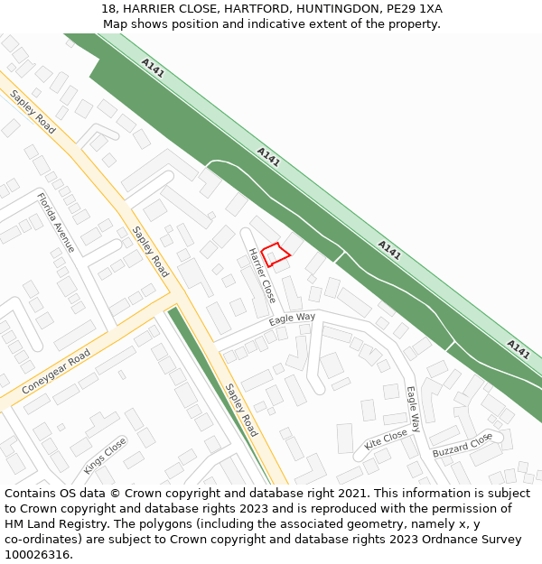 18, HARRIER CLOSE, HARTFORD, HUNTINGDON, PE29 1XA: Location map and indicative extent of plot