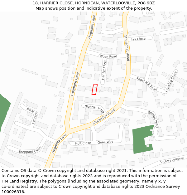 18, HARRIER CLOSE, HORNDEAN, WATERLOOVILLE, PO8 9BZ: Location map and indicative extent of plot