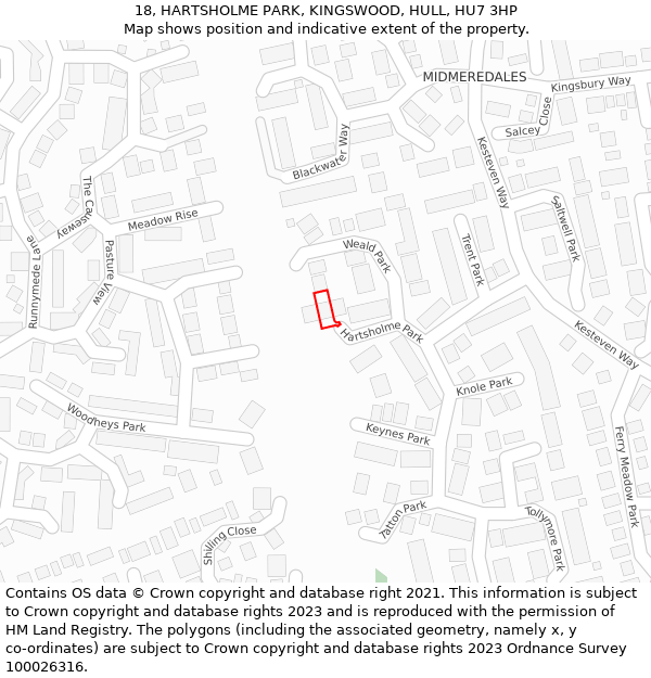 18, HARTSHOLME PARK, KINGSWOOD, HULL, HU7 3HP: Location map and indicative extent of plot