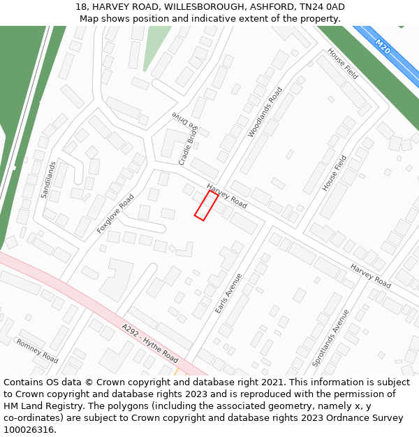 18, HARVEY ROAD, WILLESBOROUGH, ASHFORD, TN24 0AD: Location map and indicative extent of plot