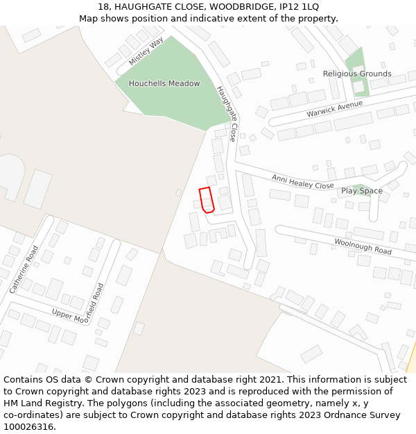 18, HAUGHGATE CLOSE, WOODBRIDGE, IP12 1LQ: Location map and indicative extent of plot
