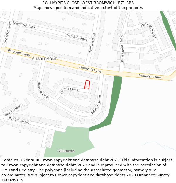 18, HAYPITS CLOSE, WEST BROMWICH, B71 3RS: Location map and indicative extent of plot