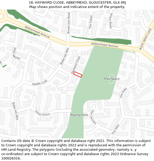 18, HAYWARD CLOSE, ABBEYMEAD, GLOUCESTER, GL4 4RJ: Location map and indicative extent of plot