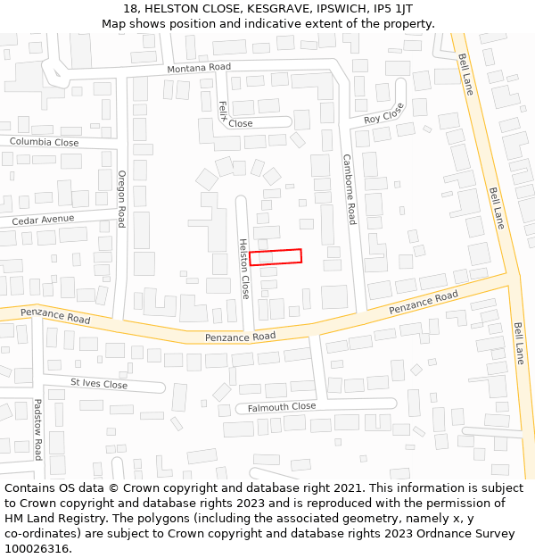 18, HELSTON CLOSE, KESGRAVE, IPSWICH, IP5 1JT: Location map and indicative extent of plot