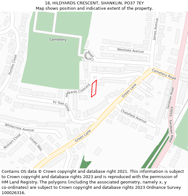 18, HILDYARDS CRESCENT, SHANKLIN, PO37 7EY: Location map and indicative extent of plot