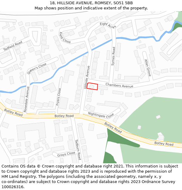 18, HILLSIDE AVENUE, ROMSEY, SO51 5BB: Location map and indicative extent of plot