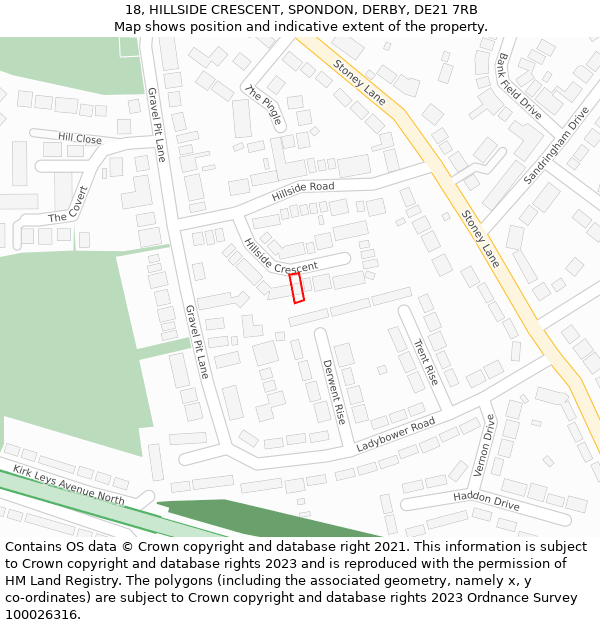 18, HILLSIDE CRESCENT, SPONDON, DERBY, DE21 7RB: Location map and indicative extent of plot