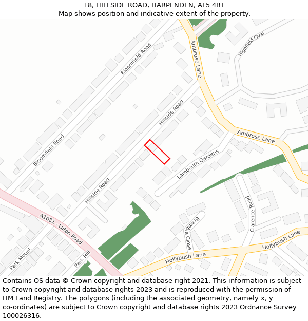 18, HILLSIDE ROAD, HARPENDEN, AL5 4BT: Location map and indicative extent of plot