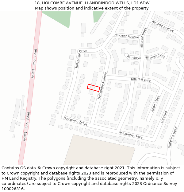 18, HOLCOMBE AVENUE, LLANDRINDOD WELLS, LD1 6DW: Location map and indicative extent of plot