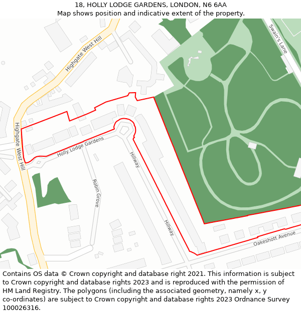 18, HOLLY LODGE GARDENS, LONDON, N6 6AA: Location map and indicative extent of plot