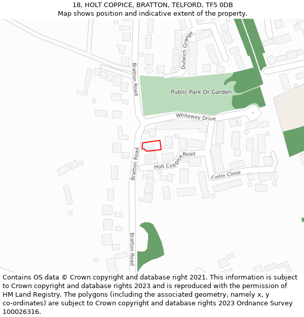 18, HOLT COPPICE, BRATTON, TELFORD, TF5 0DB: Location map and indicative extent of plot