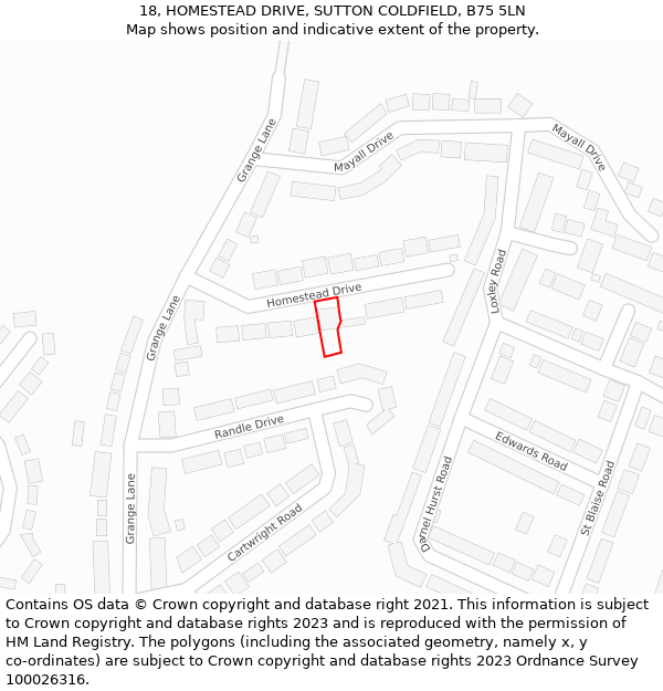 18, HOMESTEAD DRIVE, SUTTON COLDFIELD, B75 5LN: Location map and indicative extent of plot